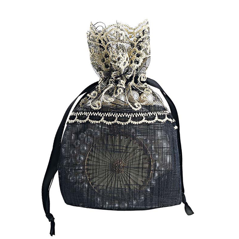 Black Organza Drawstring Bags Lace Embroidery 100x140mm