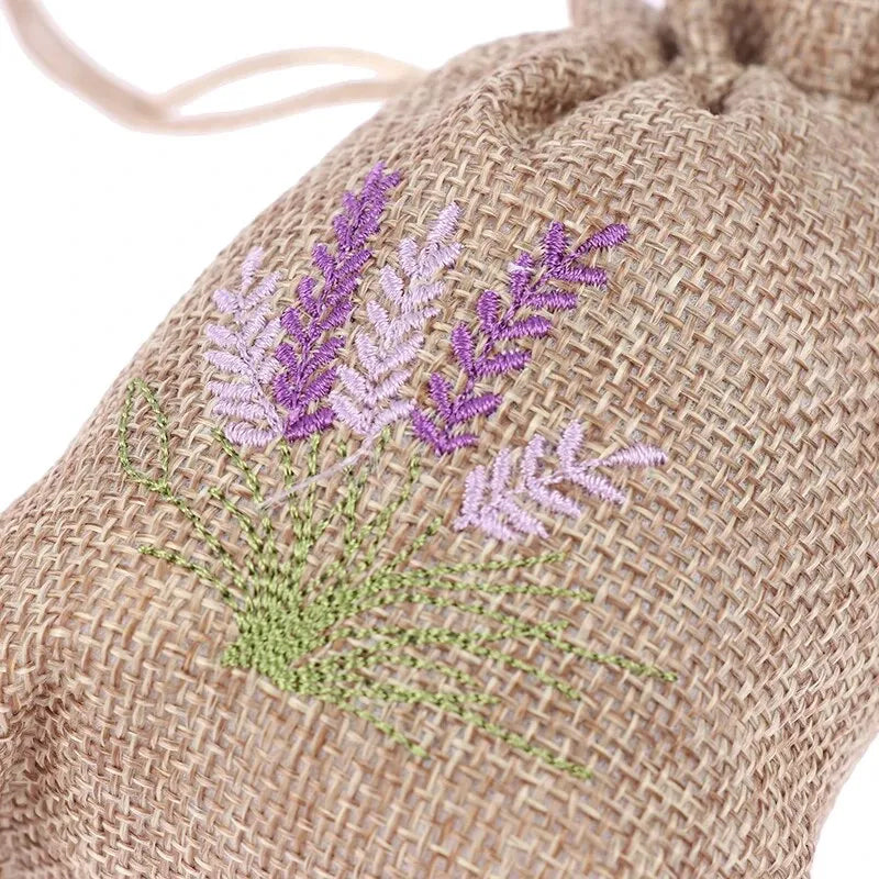 Burlap Jute Drawstring Bags with Lavender Embroidery 100x140mm