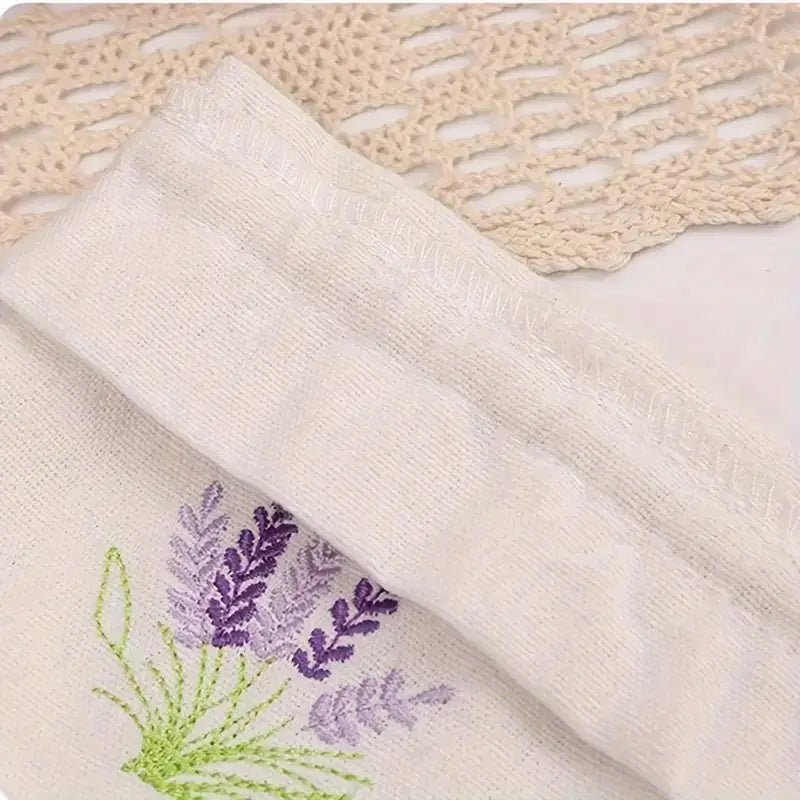 Linen Drawstring Bags with Lavender Embroidery