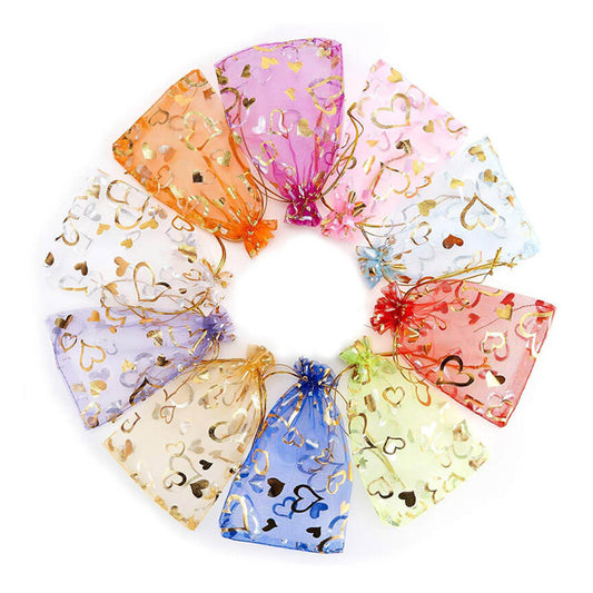 100pcs Organza Bags with Hearts Pattern - 7 Sizes
