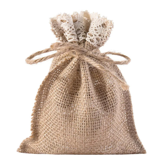 Drawstring Hessian Bags with Lace Trim 100x150mm