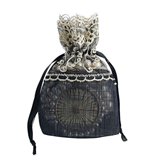 Black Organza Drawstring Bags Lace Embroidery 100x140mm