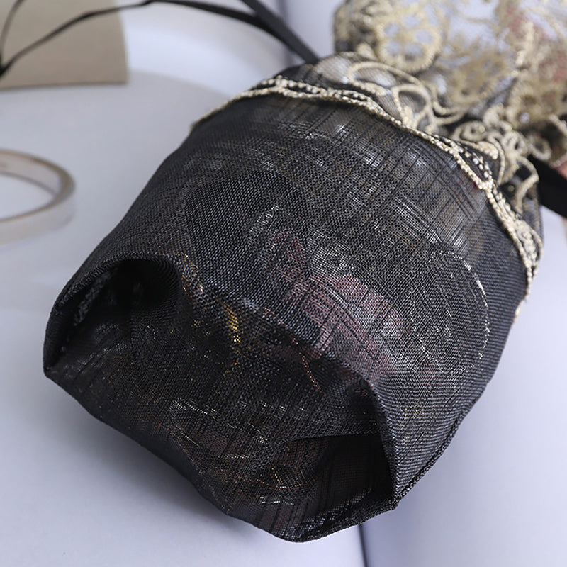 Black Organza Drawstring Bags Lace Embroidery 100x140mm