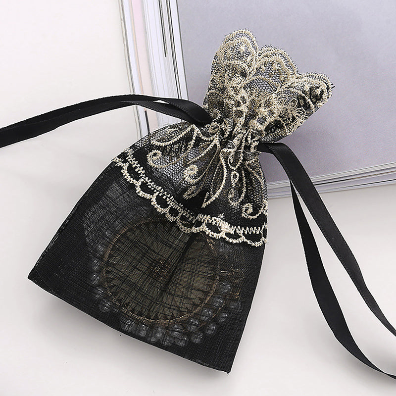 Black Organza Drawstring Bags Lace Embroidery 100x140mm