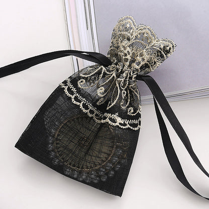 Black Organza Drawstring Bags Lace Embroidery 100x140mm