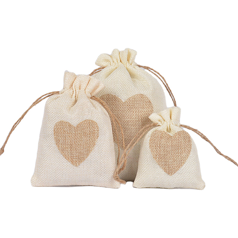 Burlap Jute Drawstring Bags Heart Pattern - 3 Sizes