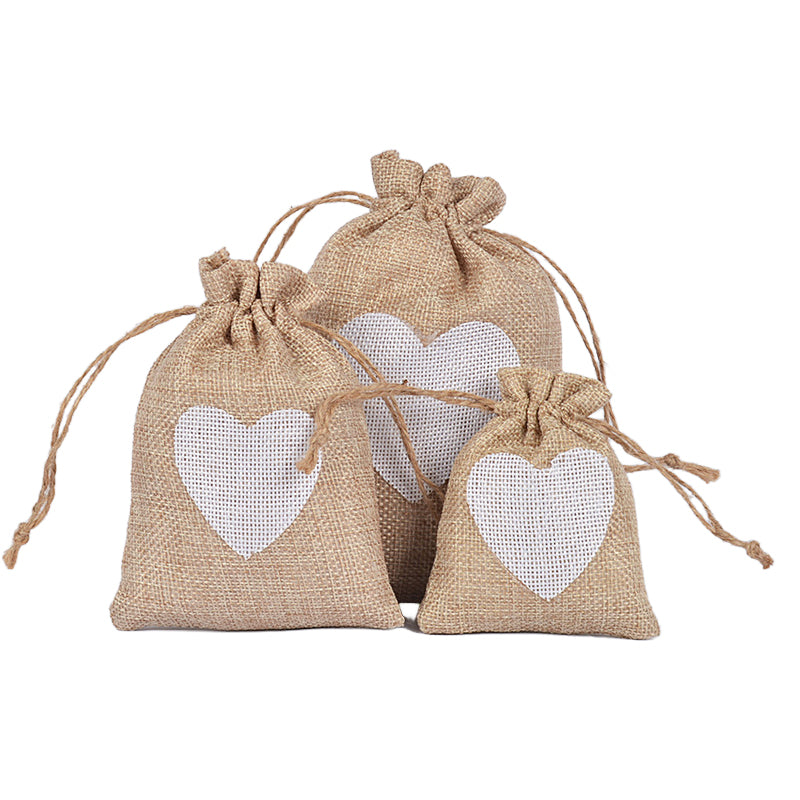 Burlap Jute Drawstring Bags Heart Pattern - 3 Sizes