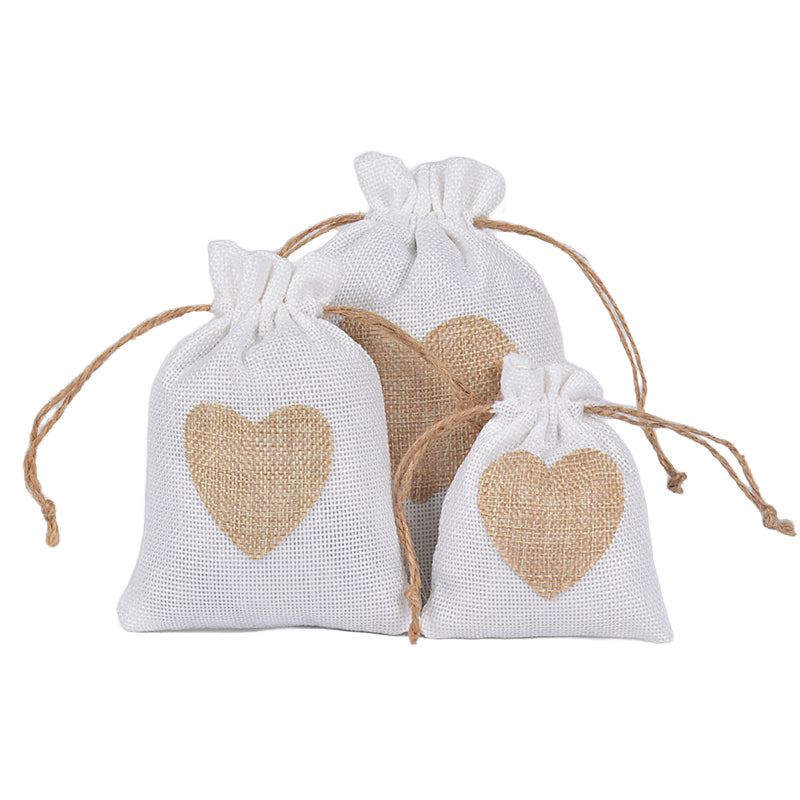 Burlap Jute Drawstring Bags Heart Pattern - 3 Sizes