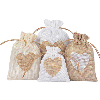 Burlap Jute Drawstring Bags Heart Pattern - 3 Sizes