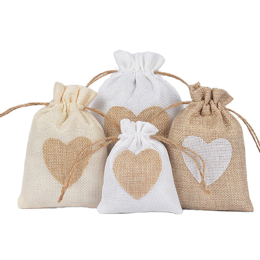 Burlap Jute Drawstring Bags Heart Pattern - 3 Sizes