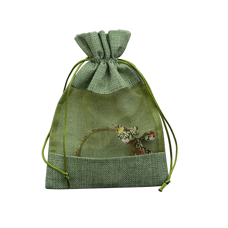 Burlap Jute Drawstring Bags with Sheer Organza Window 100x140mm