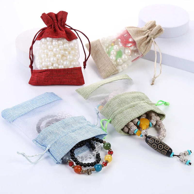 Burlap Jute Drawstring Bags with Sheer Organza Window 100x140mm