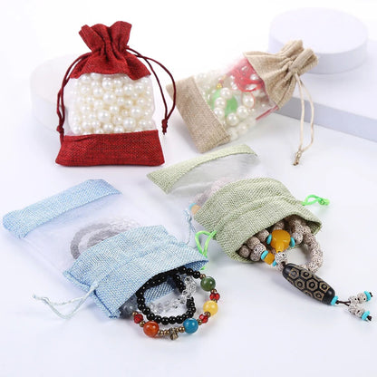 Burlap Jute Drawstring Bags with Sheer Organza Window 100x140mm