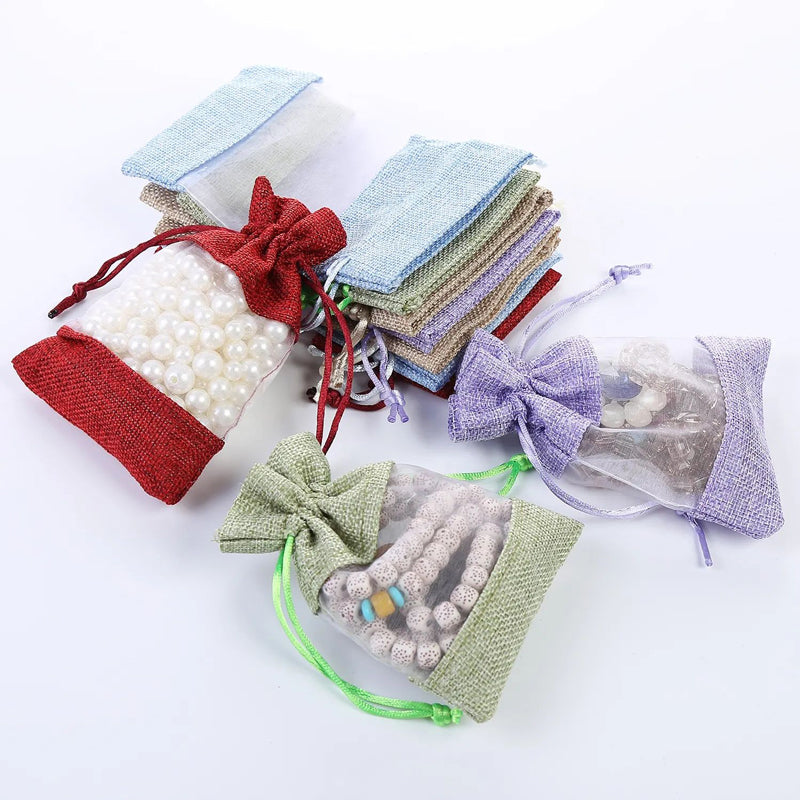 Burlap Jute Drawstring Bags with Sheer Organza Window 100x140mm