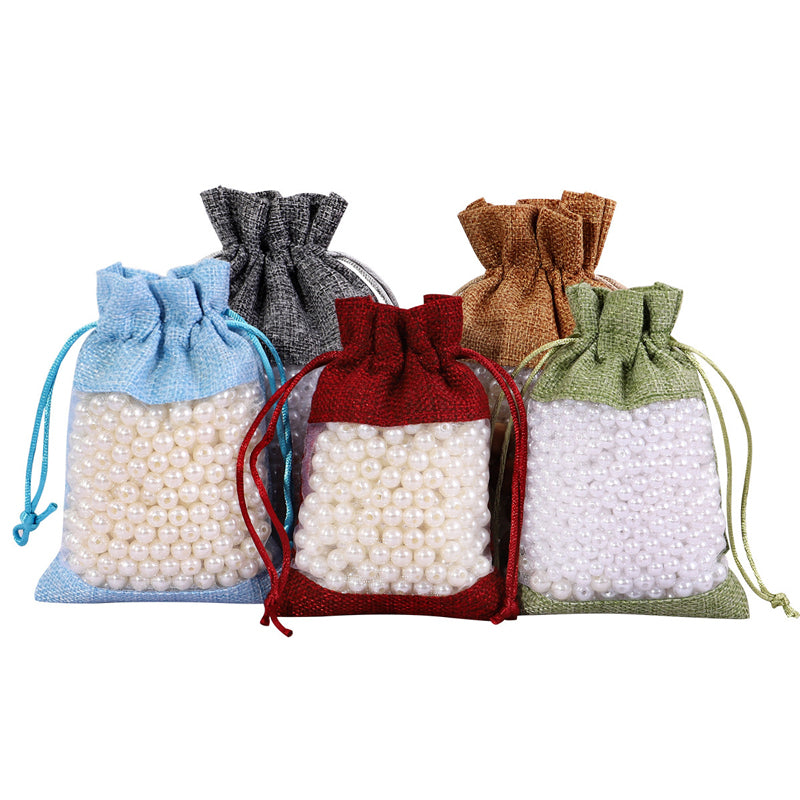Burlap Jute Drawstring Bags with Sheer Organza Window 100x140mm
