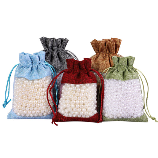 Burlap Jute Drawstring Bags with Sheer Organza Window 100x140mm