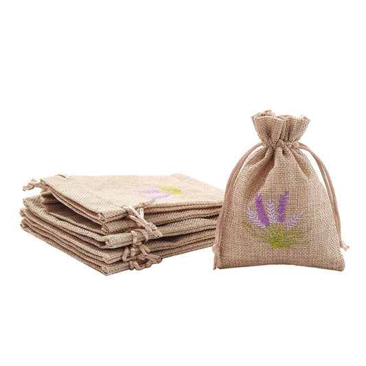 Burlap Jute Drawstring Bags with Lavender Embroidery 100x140mm