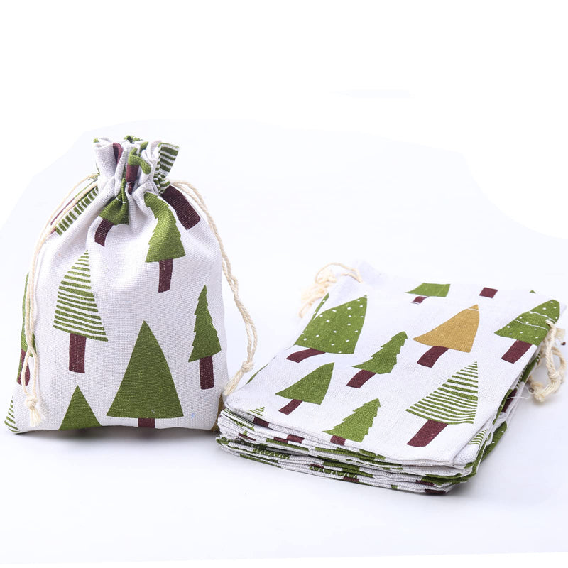 Linen Drawstring Bags Christmas Tree Pattern - 3 Sizes