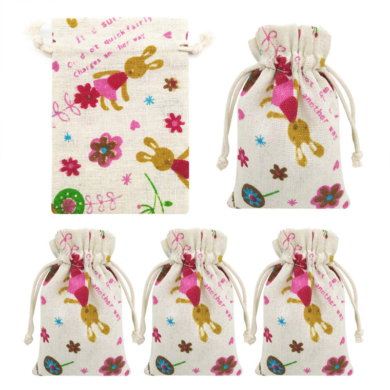 Linen Drawstring Bags Rabbit and Flower Pattern - 3 Sizes