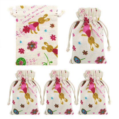Linen Drawstring Bags Rabbit and Flower Pattern - 3 Sizes