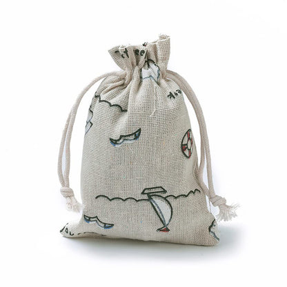 Linen Drawstring Bags Sailboat Pattern - 3 Sizes
