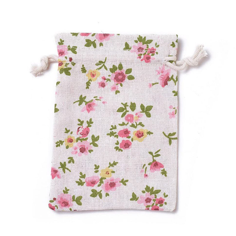 Linen Drawstring Bags Small Flower Pattern - 3 Sizes