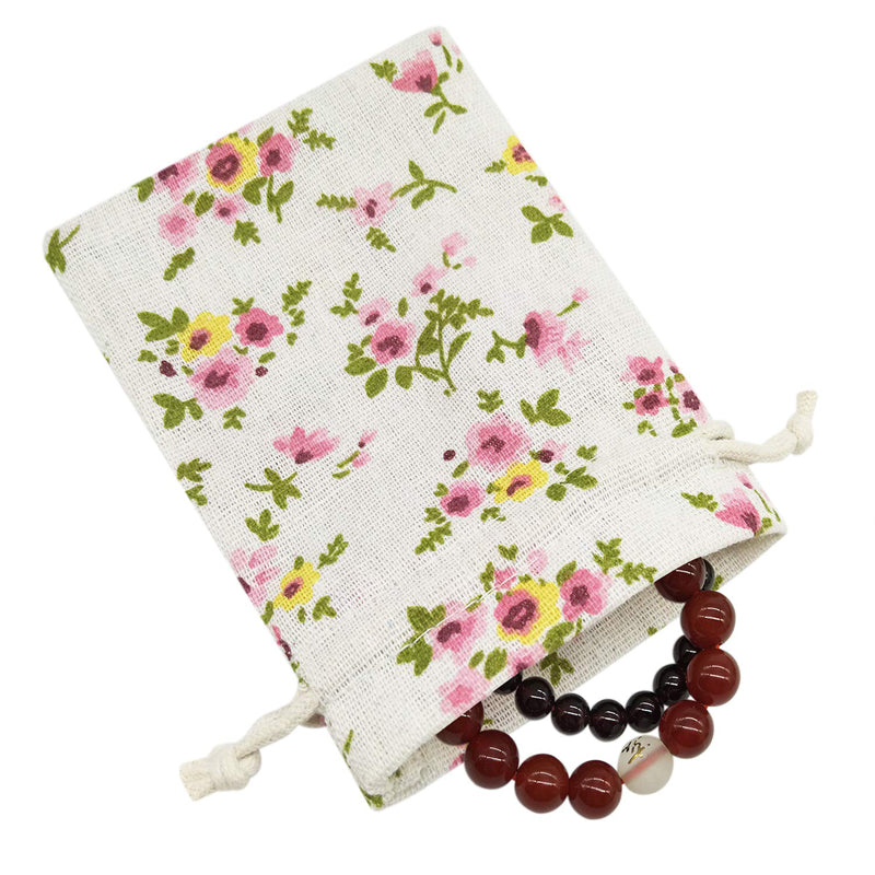 Linen Drawstring Bags Small Flower Pattern - 3 Sizes