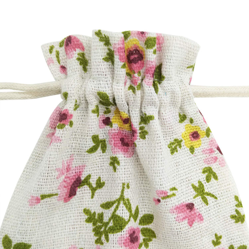 Linen Drawstring Bags Small Flower Pattern - 3 Sizes