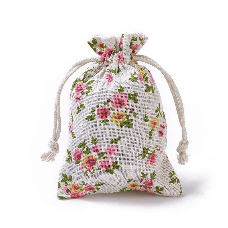 Linen Drawstring Bags Small Flower Pattern - 3 Sizes