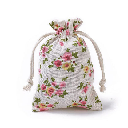 Linen Drawstring Bags Small Flower Pattern - 3 Sizes
