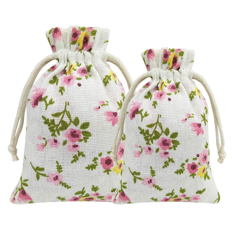 Linen Drawstring Bags Small Flower Pattern - 3 Sizes