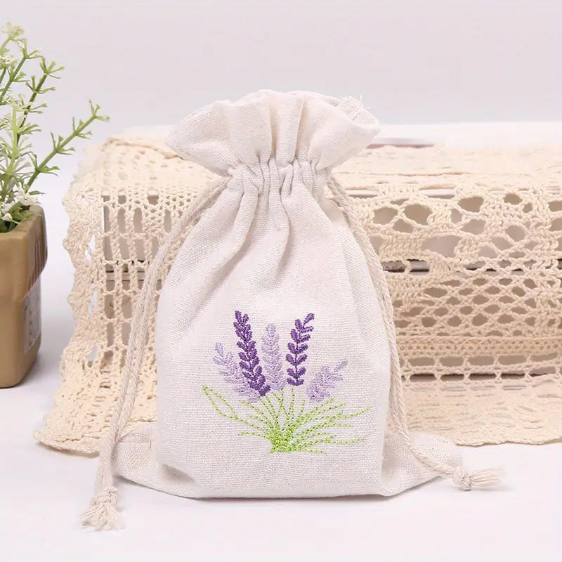 Linen Drawstring Bags with Lavender Embroidery