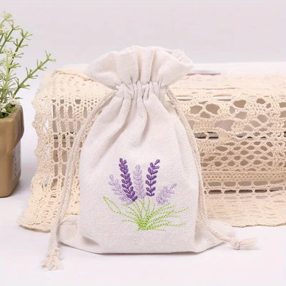 Linen Drawstring Bags with Lavender Embroidery