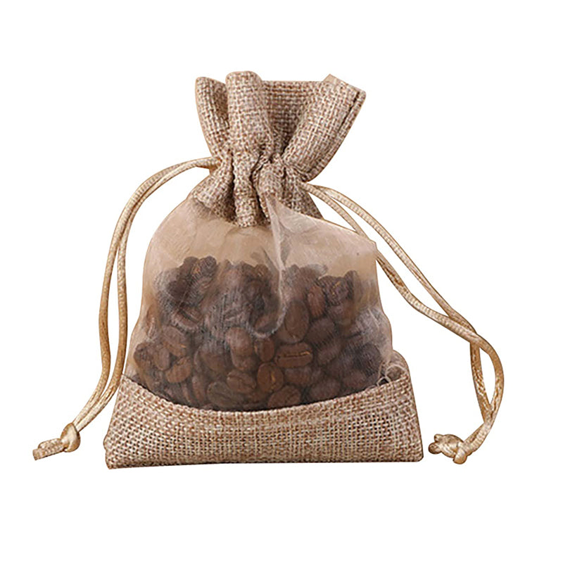 Burlap Jute Drawstring Bags with Sheer Organza Window 100x140mm
