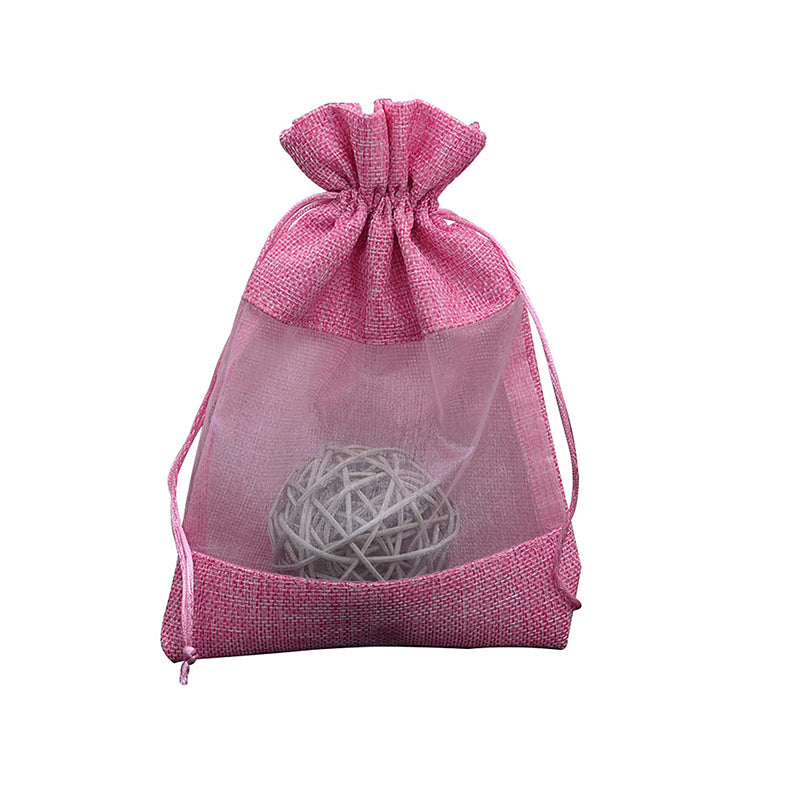 Burlap Jute Drawstring Bags with Sheer Organza Window 100x140mm