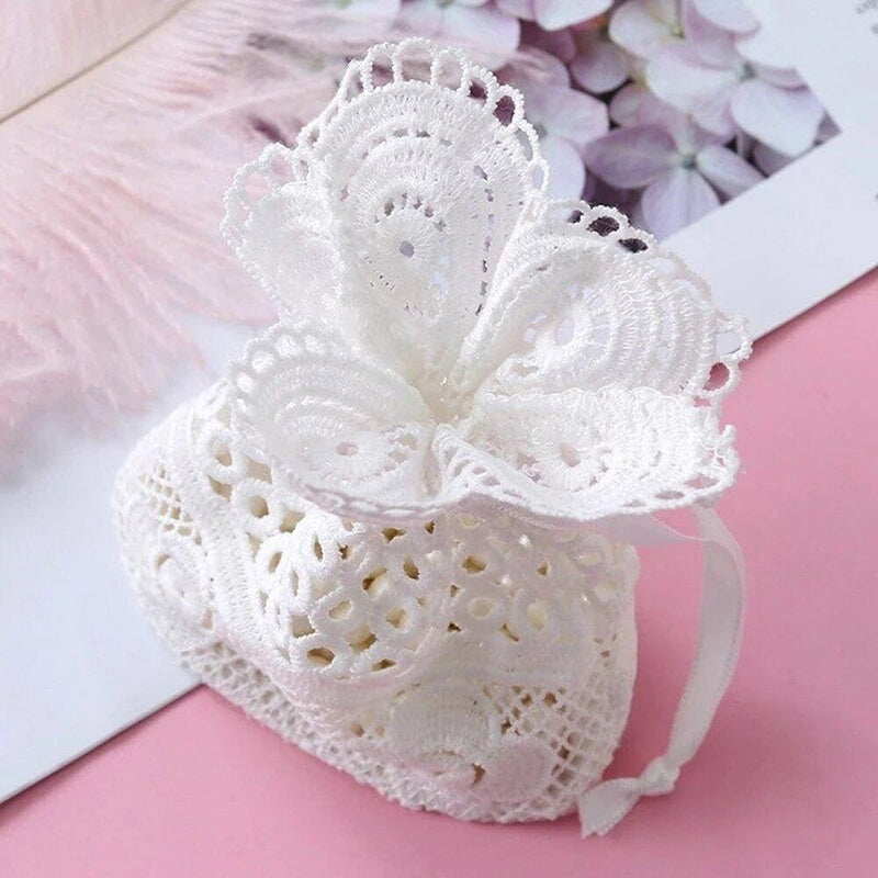 White Lace Drawstring Bags Wedding Favour Bags 100x140mm