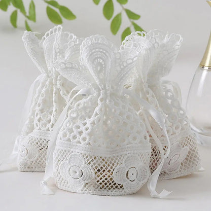 White Lace Drawstring Bags Wedding Favour Bags 100x140mm