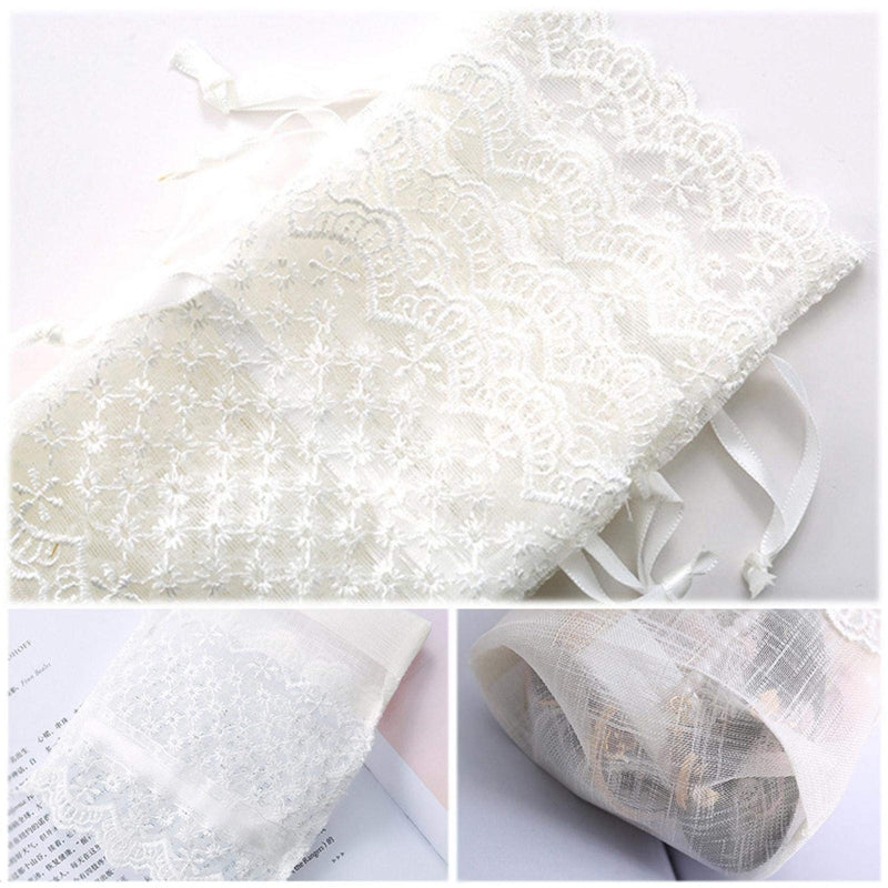 White Organza Drawstring Bags Lace Decor 100x140mm