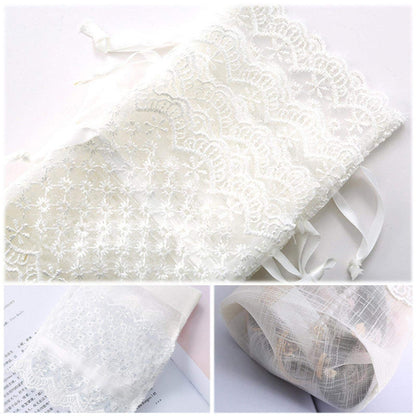 White Organza Drawstring Bags Lace Decor 100x140mm