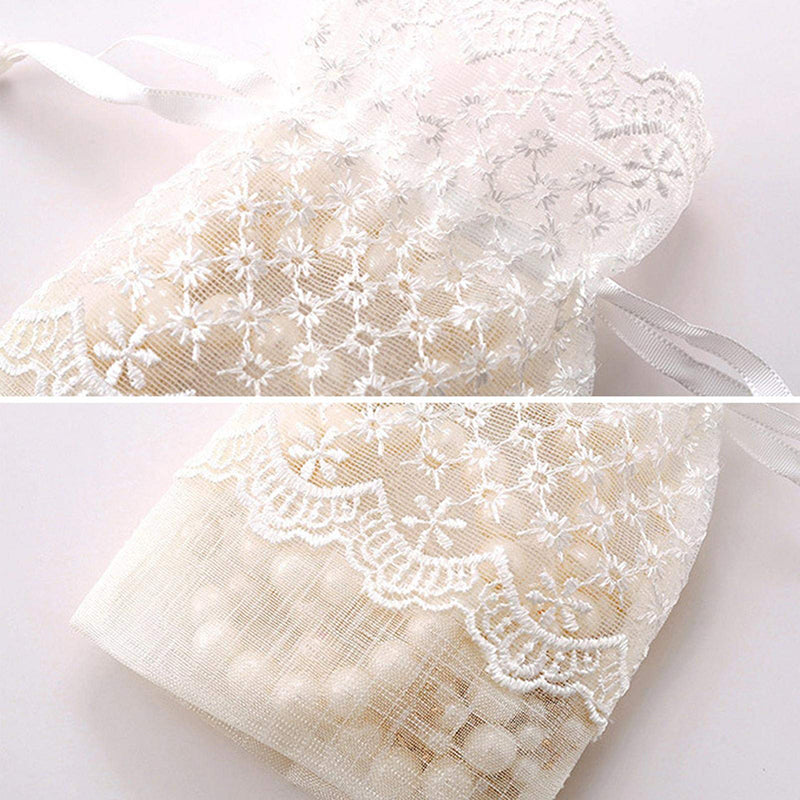 White Organza Drawstring Bags Lace Decor 100x140mm
