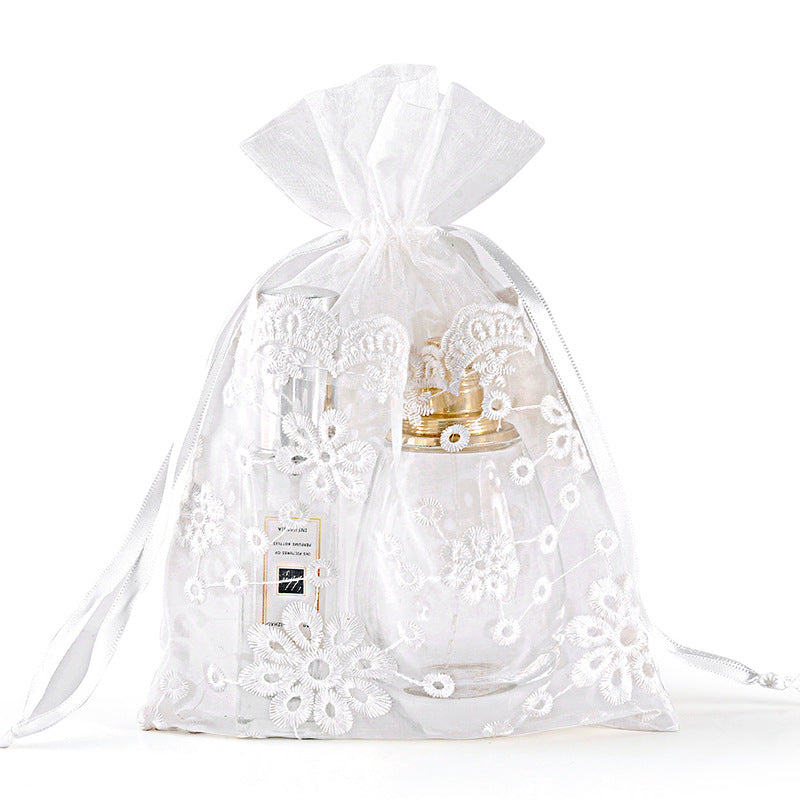 White Organza Drawstring Bags Lace Decor 160x230mm