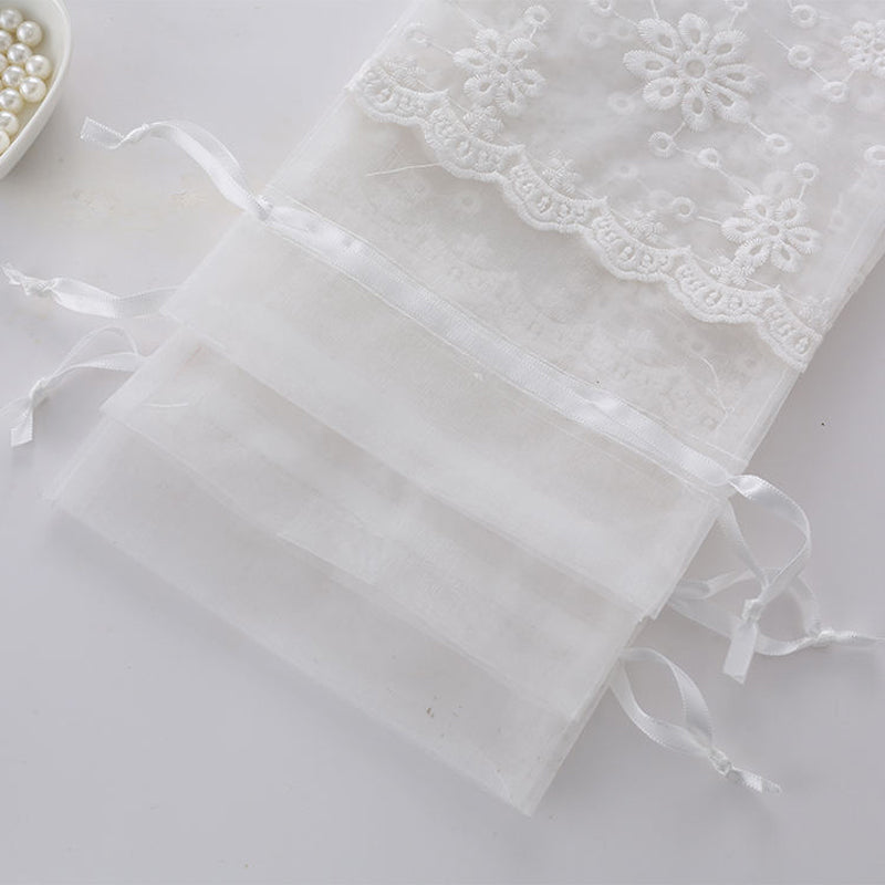 White Organza Drawstring Bags Lace Decor 160x230mm