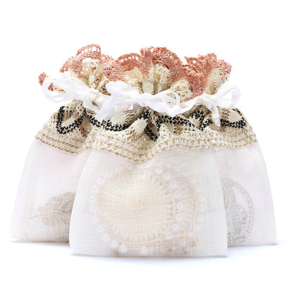 White Organza Drawstring Bags Lace Embroidery 100x140mm