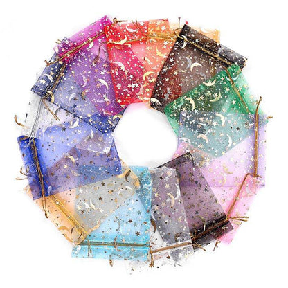 100pcs Organza Bags with Moons and Stars Pattern - 5 Sizes