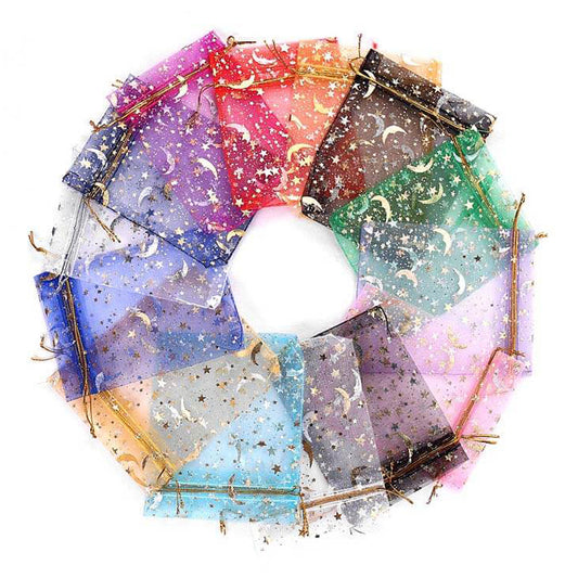 100pcs Organza Bags with Moons and Stars Pattern - 5 Sizes